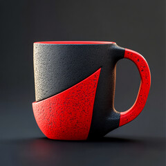 A stylish ceramic coffee mug with a bold black and red design, textured surface, and contemporary shape against a dark background.
