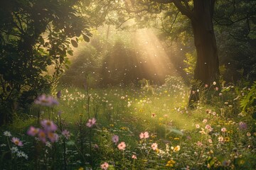Aufkleber - Sunlight filtering through trees highlights a meadow filled with wildflowers in a tranquil forest during early morning hours