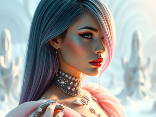 this image invites viewers into a world of advanced technology and quantum design. the woman, a towe