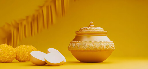 Wall Mural - Pongal Pot Festival - golden podium to showcase isolated on yellow solid background - Tamil festival - celebration - food 3D