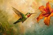 © nsit0108 - Beautiful hummingbird flying near an orange flower in nature, oil painting on canvas
