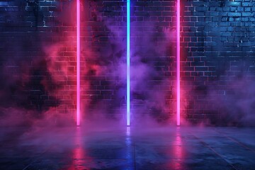 Leinwandbilder - Grunge brick wall with neon lights and smoke.