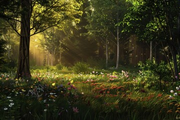 Aufkleber - Sunlight filtering through trees highlights a meadow filled with wildflowers in a tranquil forest during early morning hours