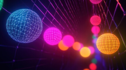 Wall Mural - neon spheres glow in dark grid tunnel; digital art