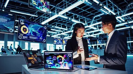 Leinwandbilder - Engaging discussion between professionals at a tech expo showcasing digital displays and advanced technology in a modern venue