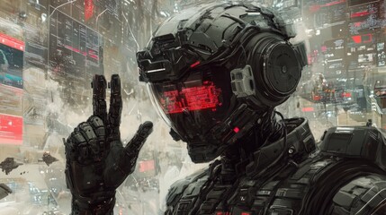 A Futuristic Black Armored Figure in a High Tech City with Red Displays