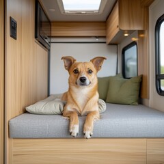 A cozy interior of a camper van showcases a relaxed dog lounging on a bed, surrounded by wooden finishes and soft cushions, embodying travel comfort.