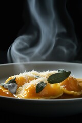 Wall Mural - A plate of butternut squash ravioli, drizzled with sage brown butter sauce and topped with grated parmesan and fried sage leaves.