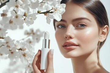 Wall Mural - Beauty promotion showcasing skincare with model and flowers in bright setting