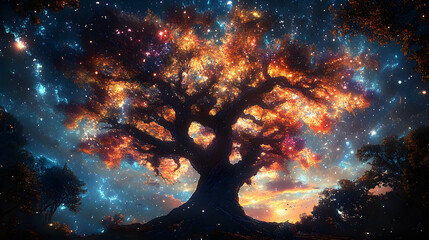 Wall Mural - huge trees of life blend with psychedelic colored galaxies with stars, galaxy clouds 3d generative ai