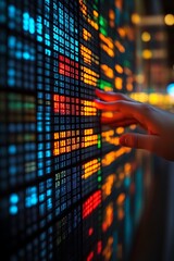 hand interacting with colorful digital data wall.