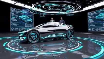 Leinwandbilder - Advanced electric vehicle presentation in a futuristic digital environment with interactive features