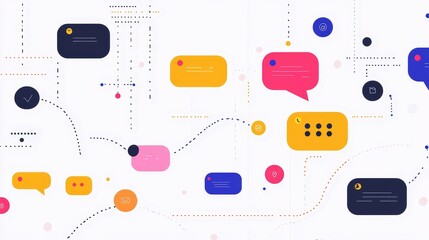Colorful shapes with dashed lines and various icons.