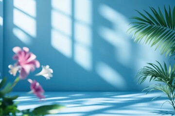 Blue room, floral display, sunlight, mockup, product