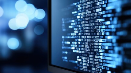 blue digital binary data displayed on a computer screen against a blurred background of lights