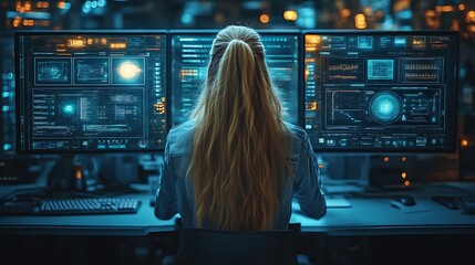 Woman programmer working late at night.
