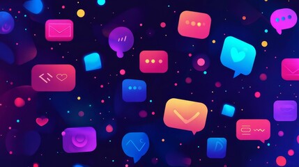 glowing colorful communication icons float in dark space.