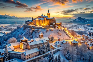 Wall Mural - Panoramic View: Ancient City, Snow-Covered Castle, World Heritage Site