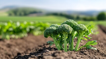 Fresh broccoli growing in a sunny field