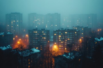 Dense fog envelops modern city buildings, creating a mysterious nighttime atmosphere