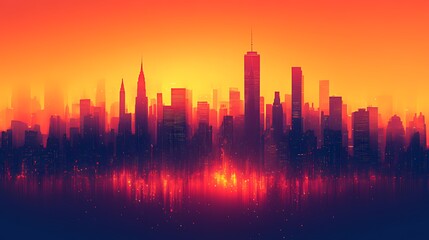 Wall Mural - Fiery sunset cityscape, hazy horizon, urban skyline, digital art, website banner