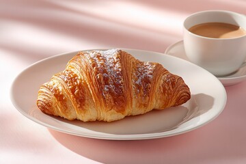 Sticker - A freshly baked croissant dusted with powdered sugar on a white plate beside a cup of coffee on a soft pink background