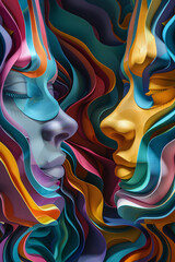 Aufkleber - Digitally generated vibrant abstract art with colorful wavy patterns forming human-like faces