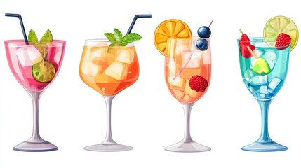 Wall Mural - Four different colored glasses with fruit in them. The glasses are filled with different colored liquids and have straws in them