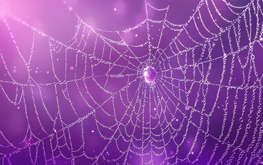 Wall Mural - Intricate spider web covered in dew, shining against a soft blurred nature backdrop