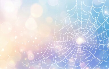 Wall Mural - Intricate spider web covered in dew, shining against a soft blurred nature backdrop