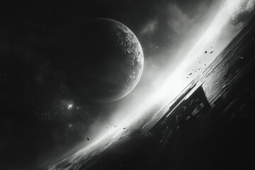 Wall Mural - a black and white photo of a planet with a large moon in the background. the photo has a moody and m