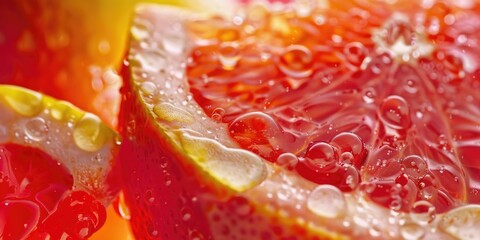 Sticker - A slice of grapefruit with droplets of water on it. The droplets are small and scattered, giving the fruit a fresh and juicy appearance