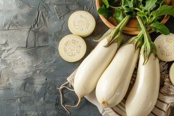 Canvas Print - Fresh white eggplants, whole and sliced, presented on a gray textured table, alongside a wooden bowl filled with vibrant green leaves