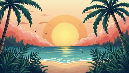 Wall Mural - A breathtaking tropical sunset paints the sky in warm hues of orange and pink, casting a golden glow over the tranquil ocean. Lush palm trees frame the scene, while gentle waves lap at the sandy shore