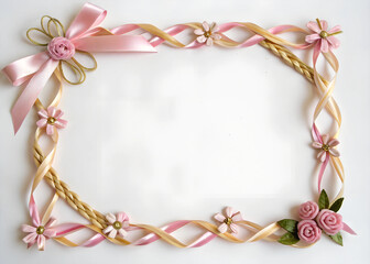 Wall Mural - a delicate frame of intertwined ribbons in pink and gold, tied into small bows at the corners, accen
