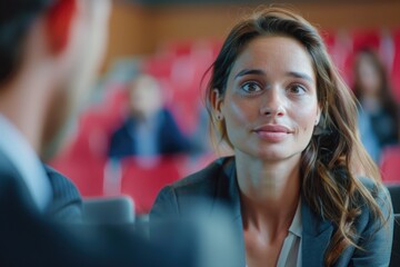 Wall Mural - A woman is sitting in a classroom with a man. She is smiling and looking at the camera