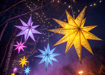 Wall Mural - a vibrant background of colorful starbursts in shades of purple, blue, and yellow, glowing against a