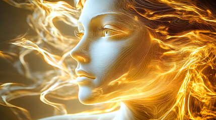 Wall Mural - abstract digital sculpture of a female face with flowing golden energy lines, blending classical art