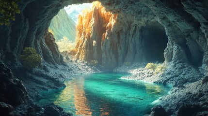 Wall Mural - A cave with a river running through it