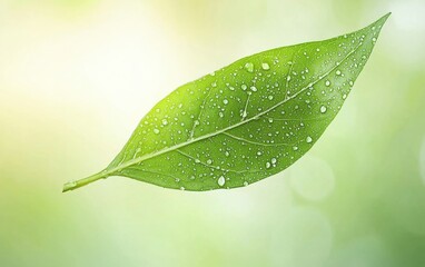 Wall Mural - Ultra-detailed macro of fresh green leaf with dewdrops reflecting light, soft blurred background
