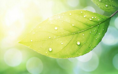 Wall Mural - Ultra-detailed macro of fresh green leaf with dewdrops reflecting light, soft blurred background