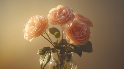 Wall Mural - A minimalistic arrangement of pale pink roses in a glass vase, softly illuminated by warm light