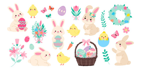 a collection of easter bunny and bird characters. some of the characters are holding eggs, while oth