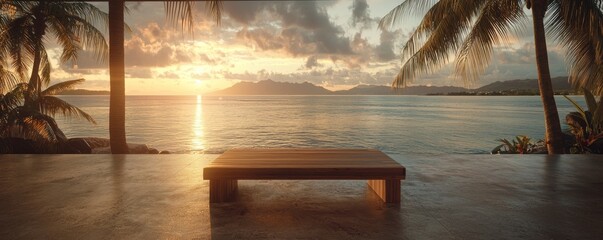 Wall Mural - A serene sunset view over calm waters, framed by palm trees, with a wooden platform inviting relaxation and tranquility.