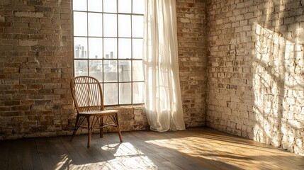 Poster - A serene, sunlit room featuring a wooden chair by a large window, with soft curtains and textured brick walls, creating a warm, inviting atmosphere.