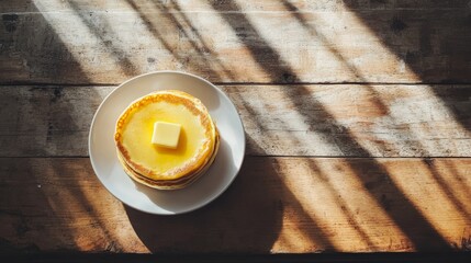 Sticker - A stack of hot homemade pancakes topped with a pat of butter on a white plate, placed on a rustic wooden table with soft shadows