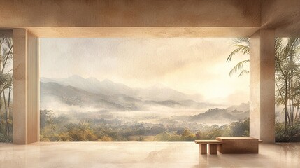 Canvas Print - A serene interior view opens to a misty landscape, showcasing mountains and lush greenery, evoking tranquility and nature's beauty.