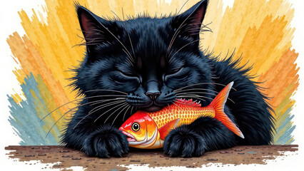 Wall Mural - Loose sketch study of fluffy black cat with closed eyes clutching an fish, captured in quick, confident strokes.