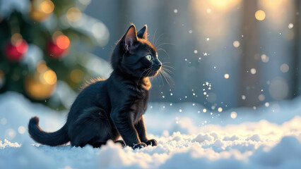 Wall Mural - A  full-body painting of a small black baby cat with soft, shiny fur and bright green eyes. Snowflakes drift gently around the scene.