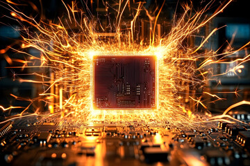 Wall Mural - computer chip with electrical sparks on a circuit board. generative ai